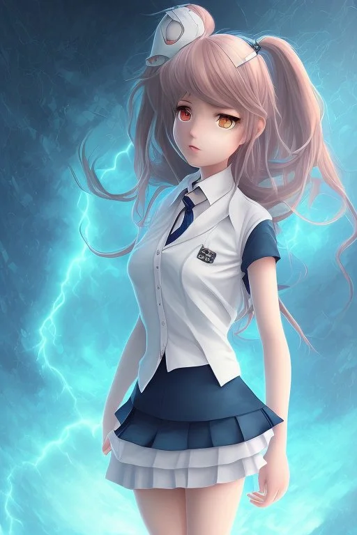 Stunning anime schoolgirl with striking looks in a stormy background