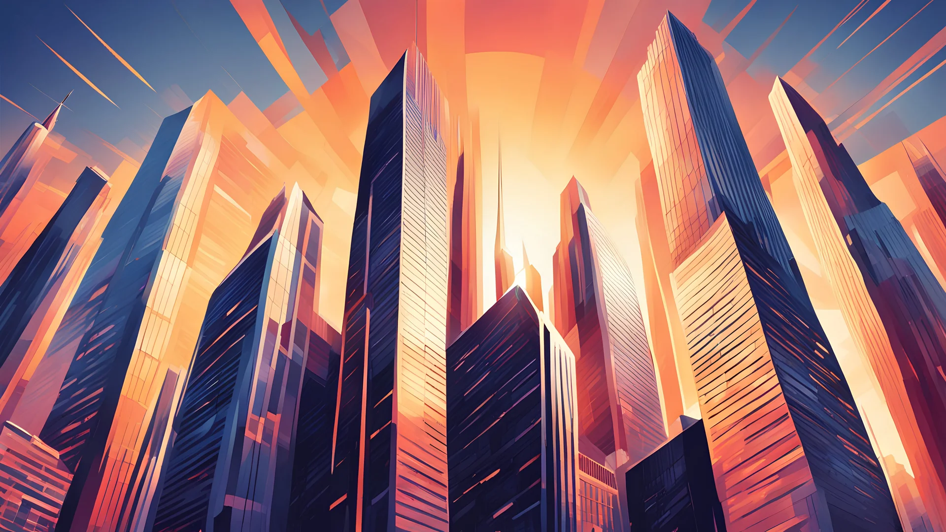 Skyscrapers background at sunset or sunrise, geometric pattern of towers, perspective graphic painting of buildings - Architectural illustration for financial, corporate and business brochure template