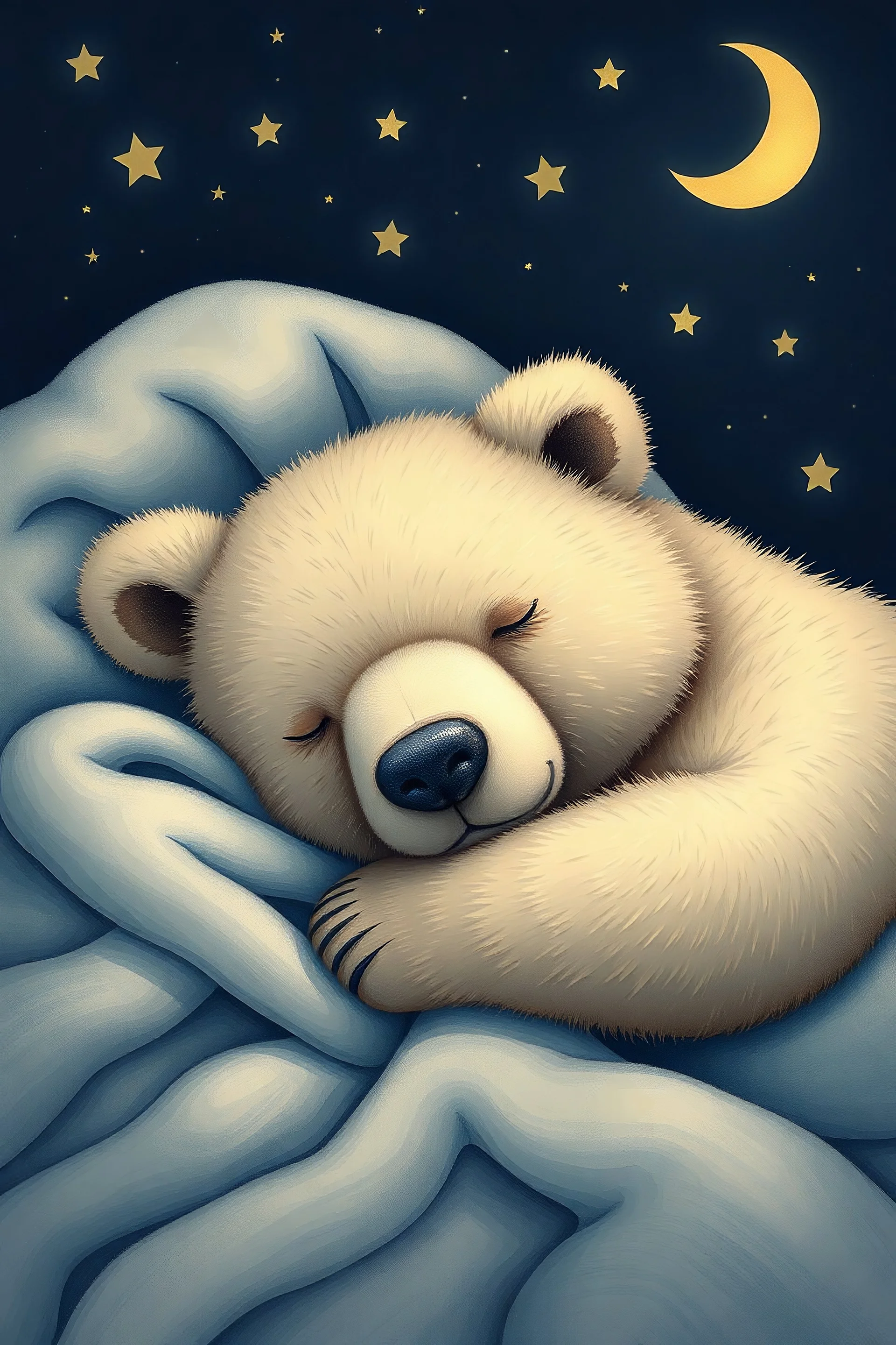 sleeping bear, sweet dreams, calm, realistic, as in image on a sleeping blanket