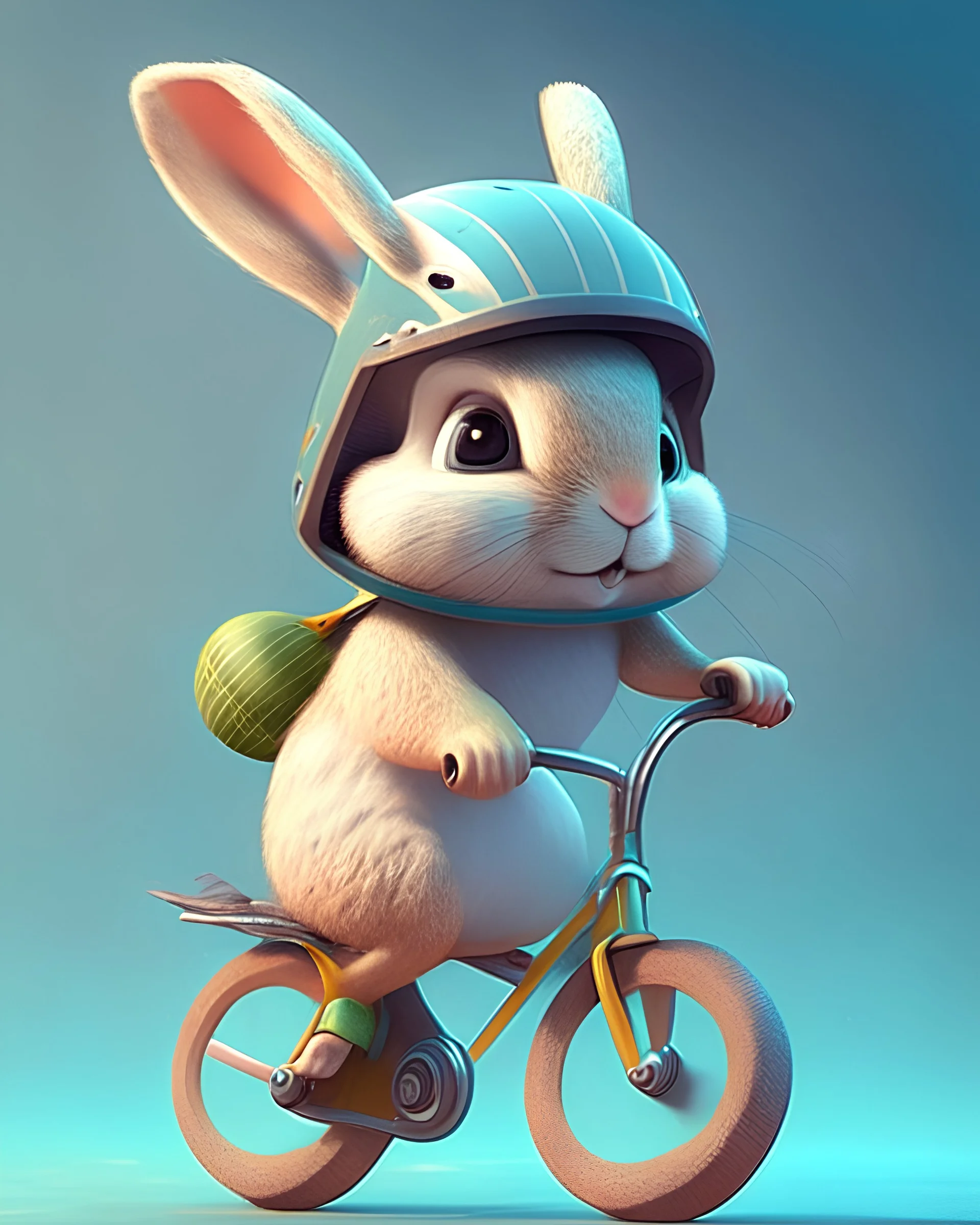 A cute rabbit in the style of pixar animations, wearing a helmet and riding a bike