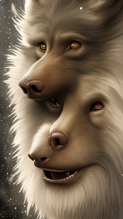 Une créature a l'aspect général d'un primate avec une tête de loup. Son pelage est blanc neige. Il est aveugle et possède un long museau