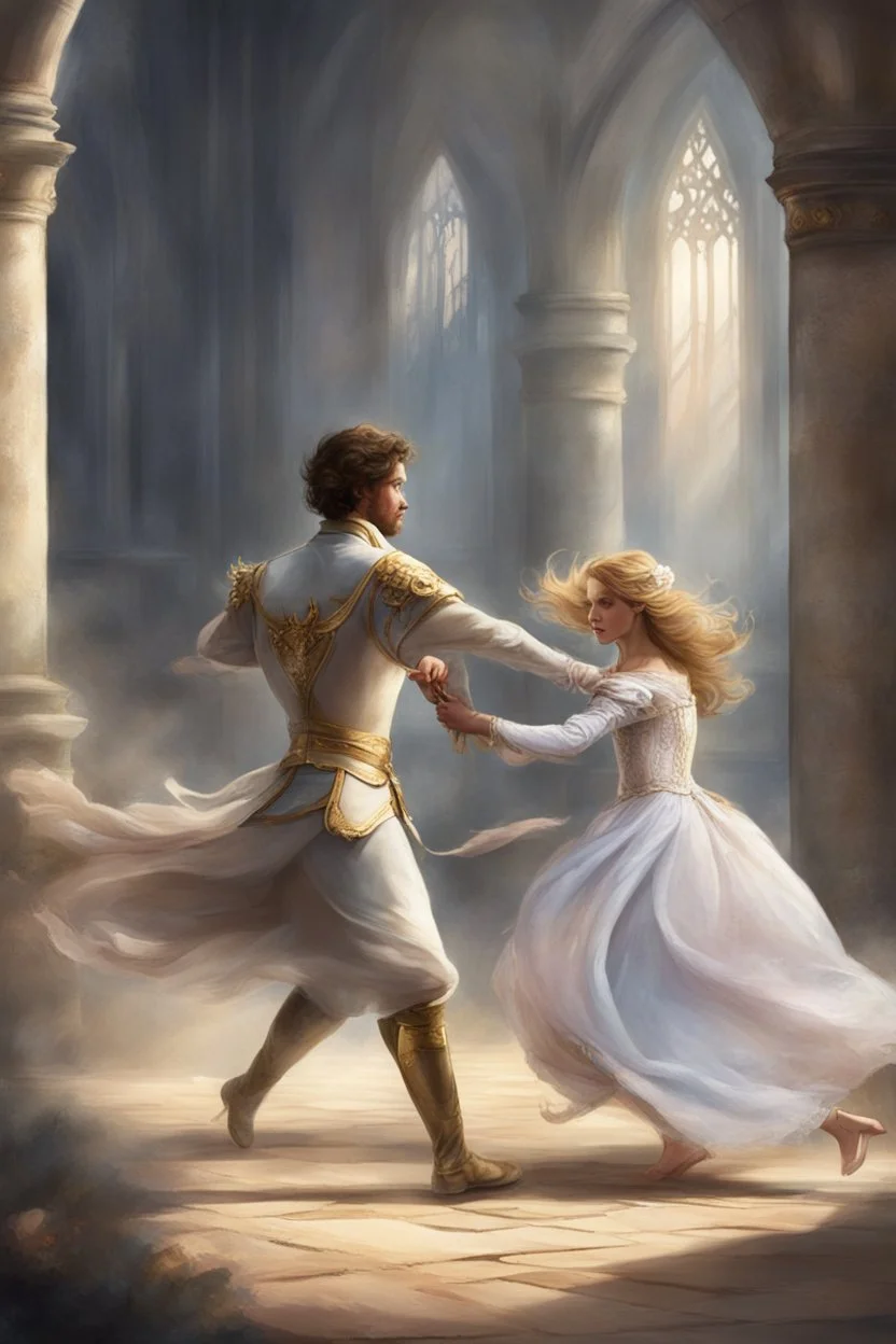 The prince runs to the princess to protect her