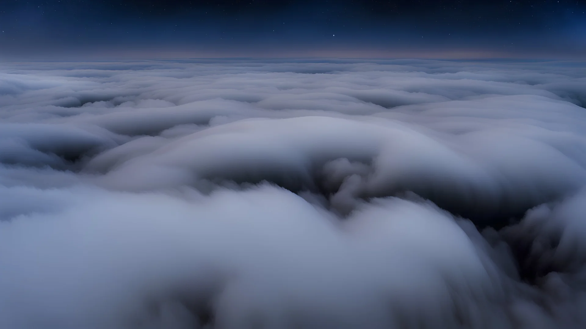 looking down from space at the mist and clouds, surrounded by the mist at night starry sky. majority of the image is space, only the bottom third of the image is clouds