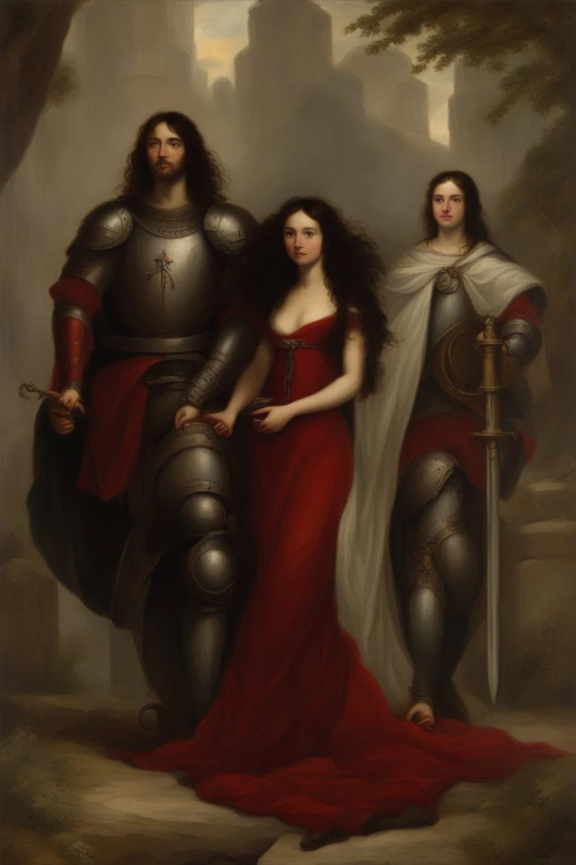 Oil painting Knights and princess wearing a dark red dress and long black hair