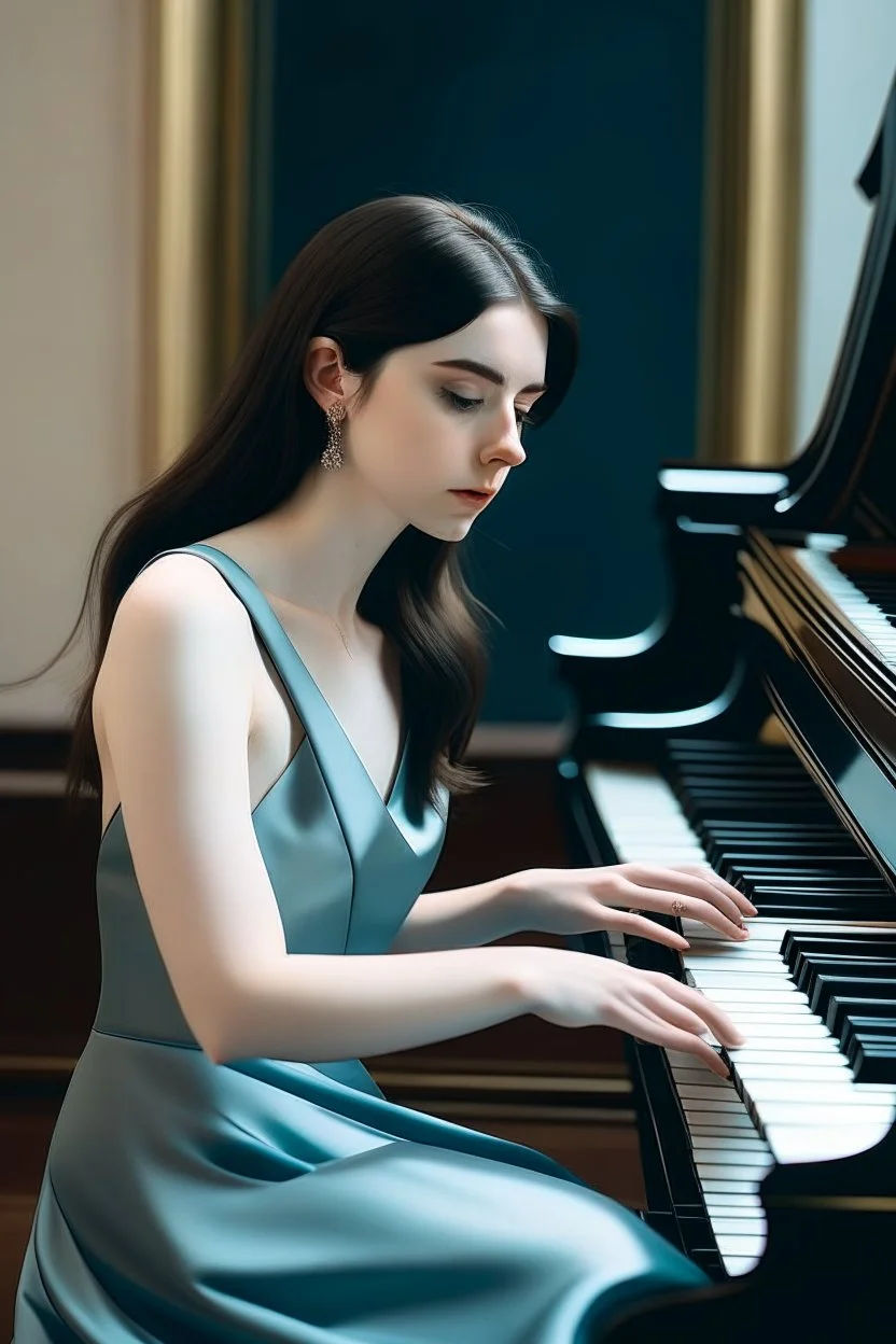 Portrait of dark haired young woman wearing a pale blue silk dress playing a glossy black piano