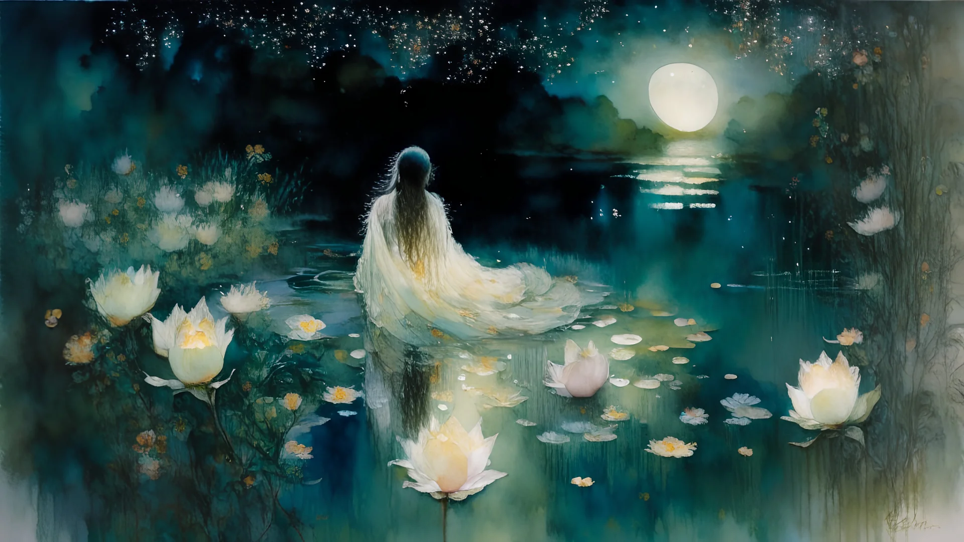 A watercolor painting with intricate brush strokes capturing the delicate beauty of Ophelia in a flowing tunic, surrounded by blooming lotus flowers, her thighs glowing in the moonlight, and reeds swaying gently in the background. The scene exudes a dreamlike quality, with a sense of tranquility and mystery permeating the atmosphere. This version focuses on the ethereal and poetic elements of the image.