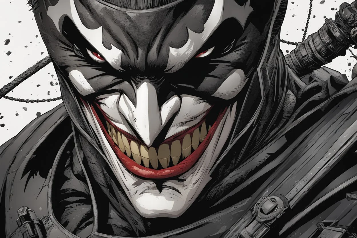The batman who laughs in 8k comic book artstyle, joker smile, darkness them, close picture, cover eyes, apocalypse, intricate details, highly detailed, high details, detailed portrait, masterpiece,ultra detailed, ultra quality