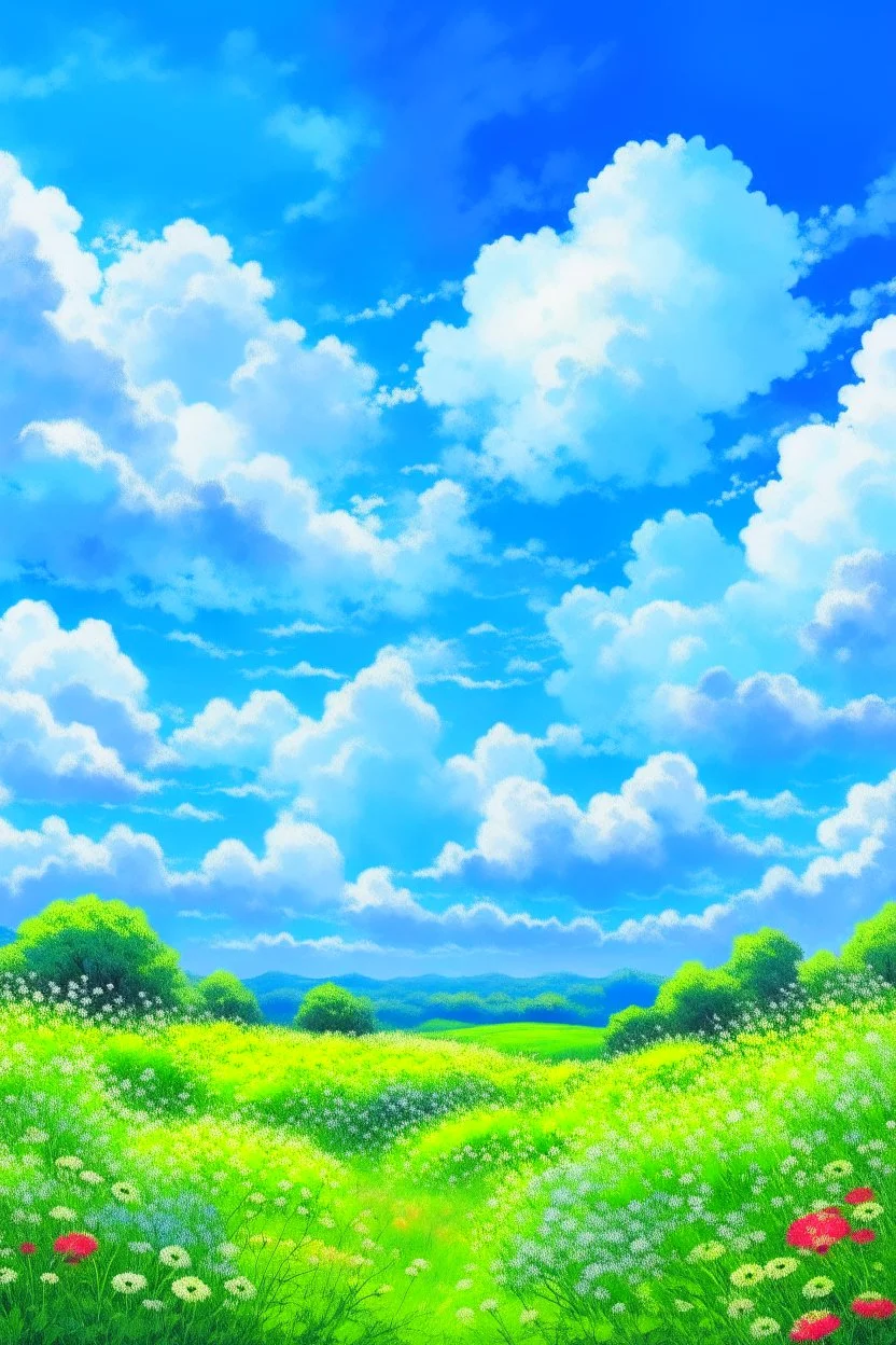 impressionism nature peace communication compassion tranquility blue sky meadow fluffy clouds flowers