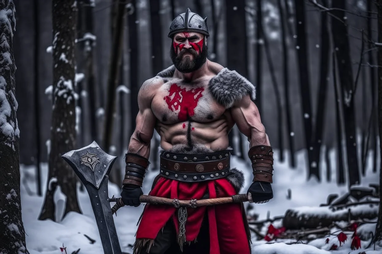 A strong man standing in cold windy snowy forest, shirtless, body scars, bloody, bear paws scars on chest, wearing a knight helmet face covered, carrying an axe