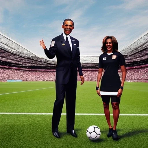 Michelle Obama in a referee jersey officiating for a soccer match at Wembley Stadium