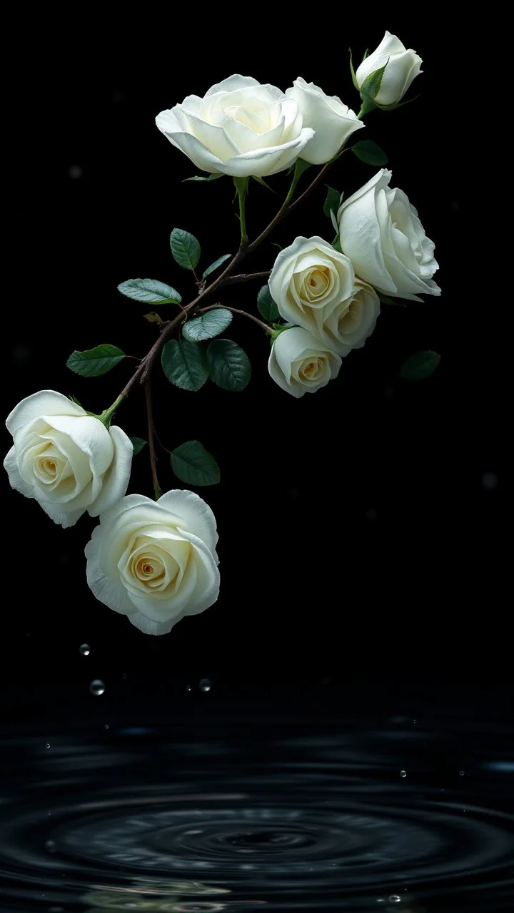 The image is a digital artwork that depicts a bouquet of white rose with aThe rose floats on the surface of the water, creating a wave-like effect. The background is black, which makes a branch of a tree of white roses stand out even more. Water droplets are scattered adding to the dreamy, ethereal quality of the image. The a