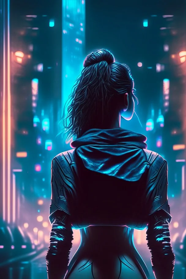 Noir, woman from the back silhouetted by neon lights facing empty night futuristic city in photorealistic style, cyberpunk, ice blue neon signs, street level view, raytracing, depth of field, cinematic, highly detailed, rim lighting