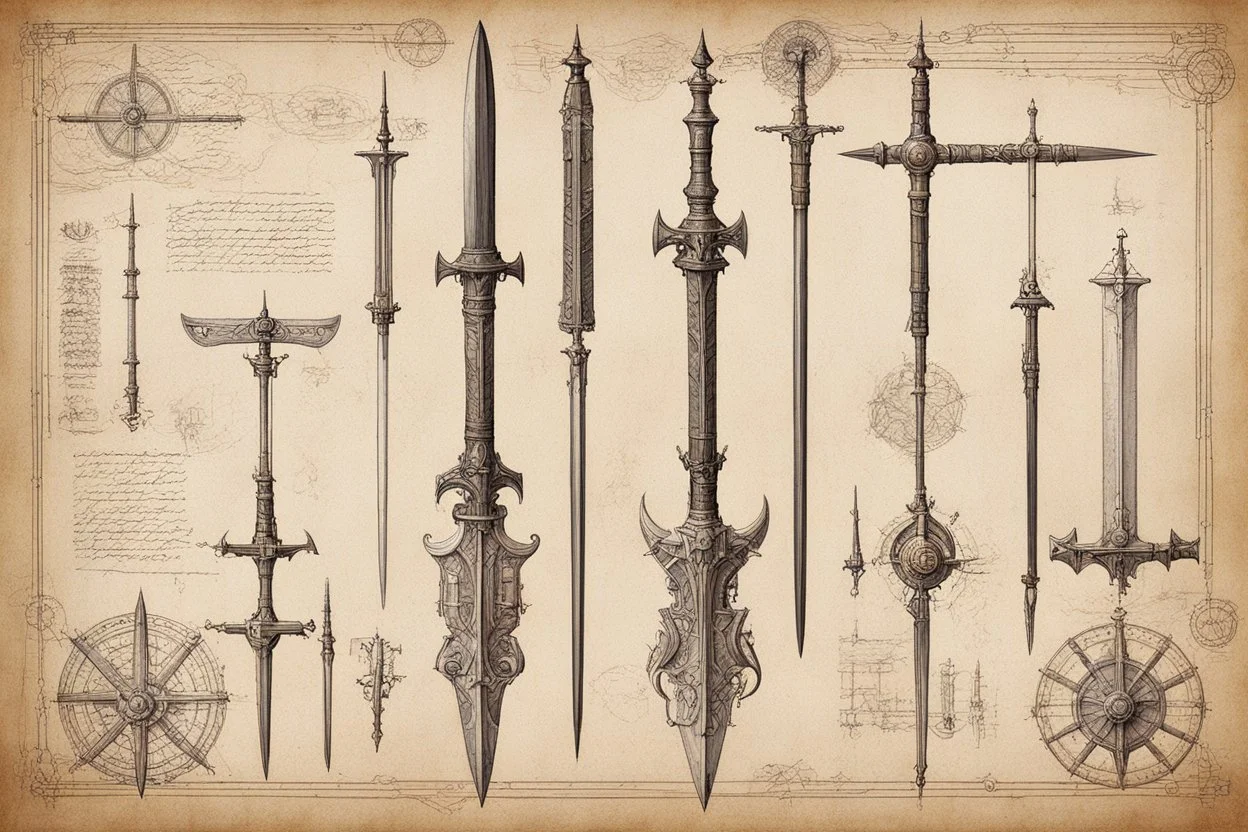 [Codex Atlanticus, Leonardo da Vinci (1478)] Design collection of the epic fantasy weapon. Engraved drawings (paper, liners, Infinite Painter, Adobe Illustrator + texture) Katana, Falchion, Claymore, Khopesh, Dao, Xiphos, Cutlass, Estoc, Ulfberht, Jian, Tulwar, Sabre, Kris, Makaira, Spatha, Gladius