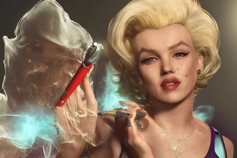 Marilyn Monroe, smokes a cigarette, cyberpunk2077, photorealistic illustration, 4k