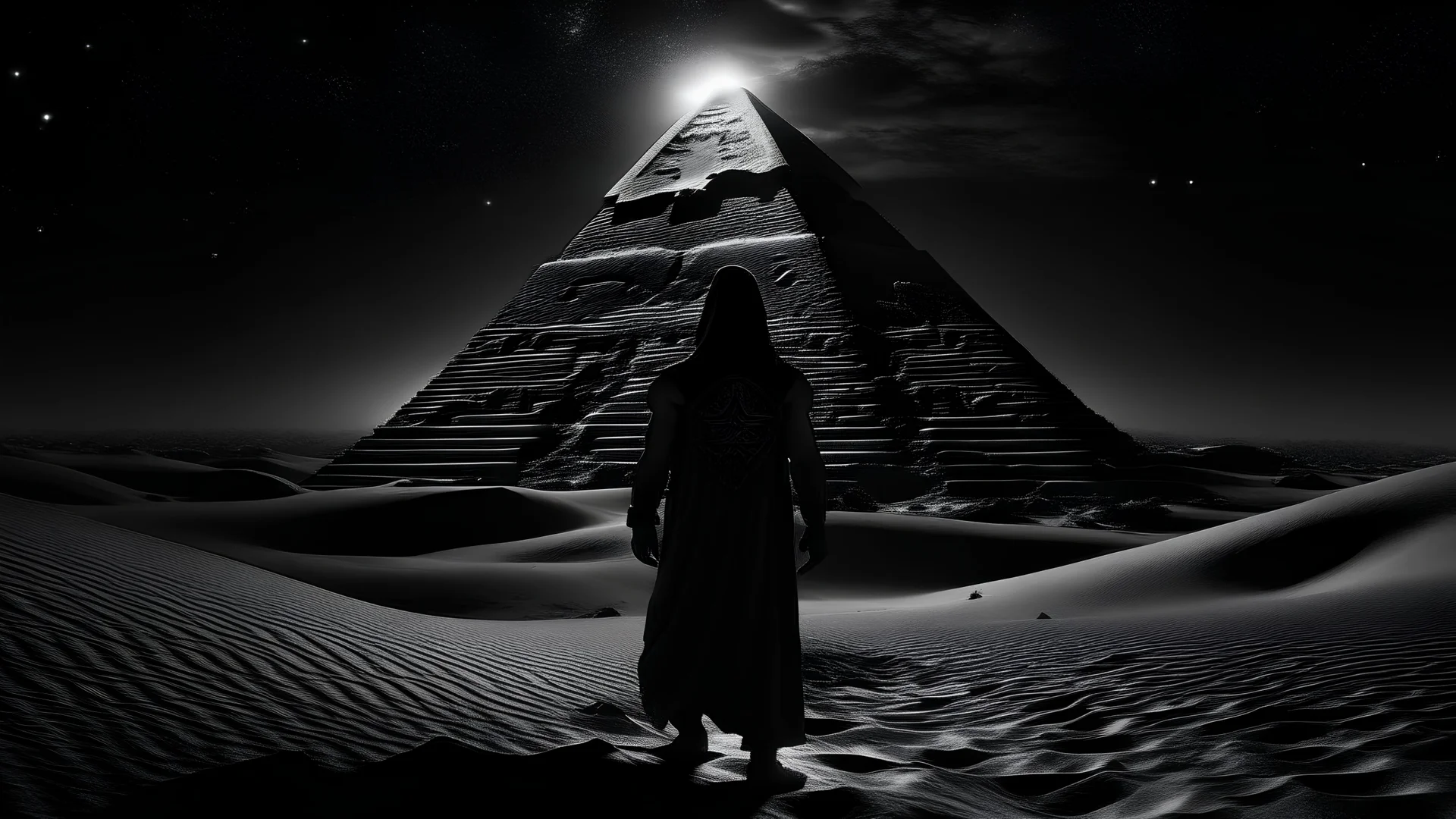 "A super scary cinematic black and white YouTube thumbnail for the horror story 'Whispers of the Sands'. The image shows an uncharted ancient Egyptian pyramid under a star-filled sky. Jonah, a seasoned traveler, stands with his back to the viewer, facing the pyramid. He's holding a light source, creating dramatic shadows around him. The desert dunes surround him, adding to the scene's mystique. The pyramid's entrance emits a strange, ethereal light, suggesting an otherworldly presence.