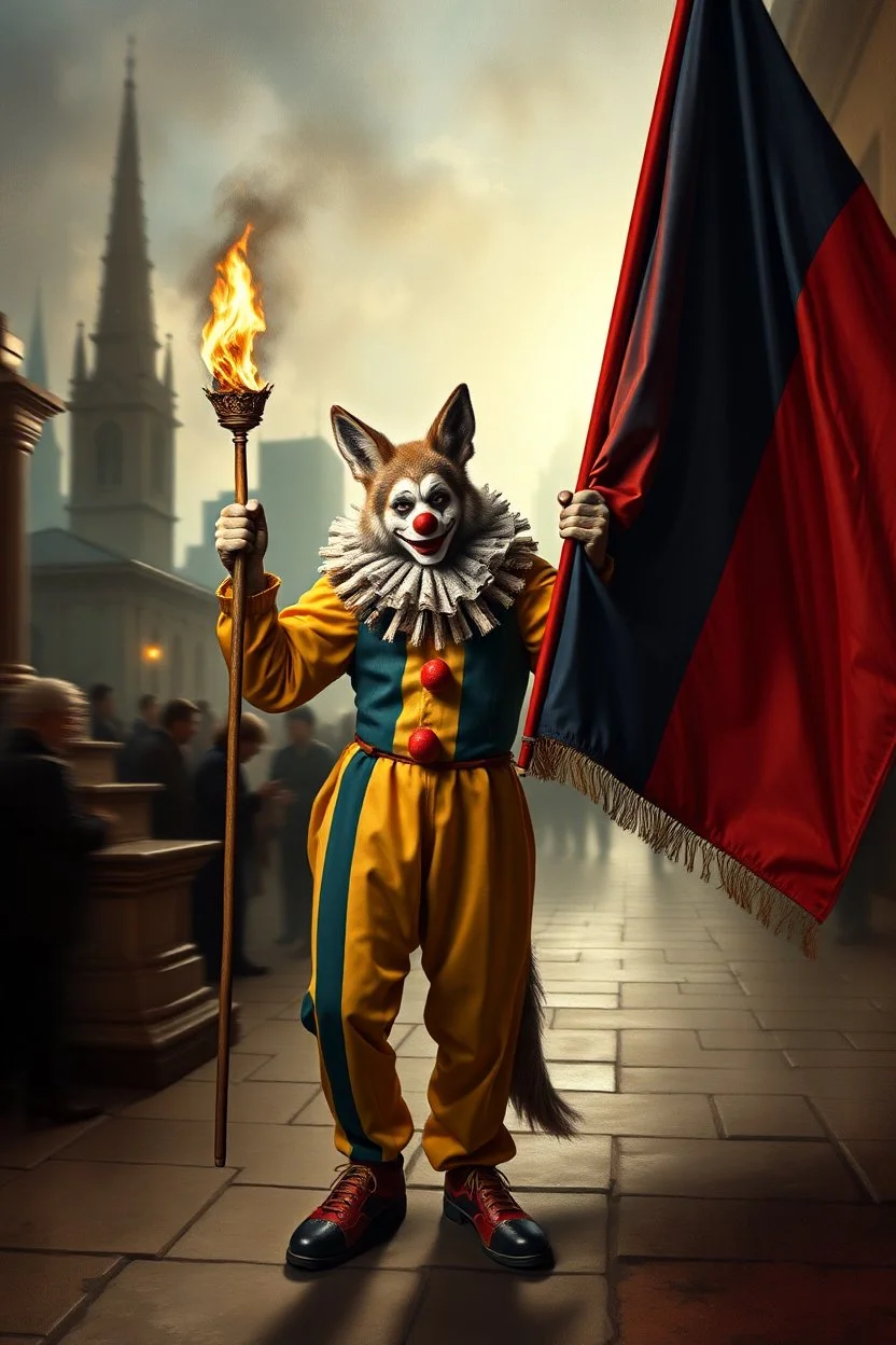 aardwolf clown man holding burning flag, painting by Rembrandt, with motion blur city background, and volume light fog with sunlight rays
