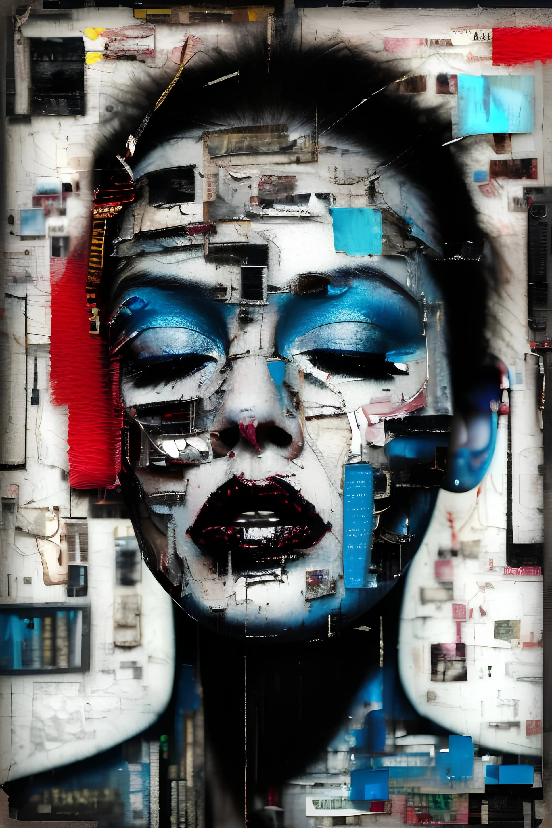 Ultra detailed medium portrait painting of a beautiful abused woman, she is crying and upset, masking tape on her mouth, blue brushed eye, chaos dark background,torn up collage of clippings, broken circuitry background, matrix effects, punk visual art, punk art aesthetic, graffiti art, pop surrealism, collage art, cluttered paint glitches