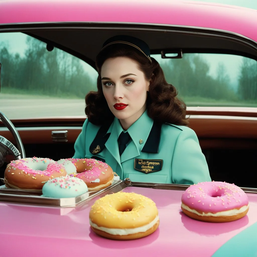 [psychedelic movie by Wes Anderson] Kat Dennings as a policewoman in a car with donuts, vintage 1970's photo