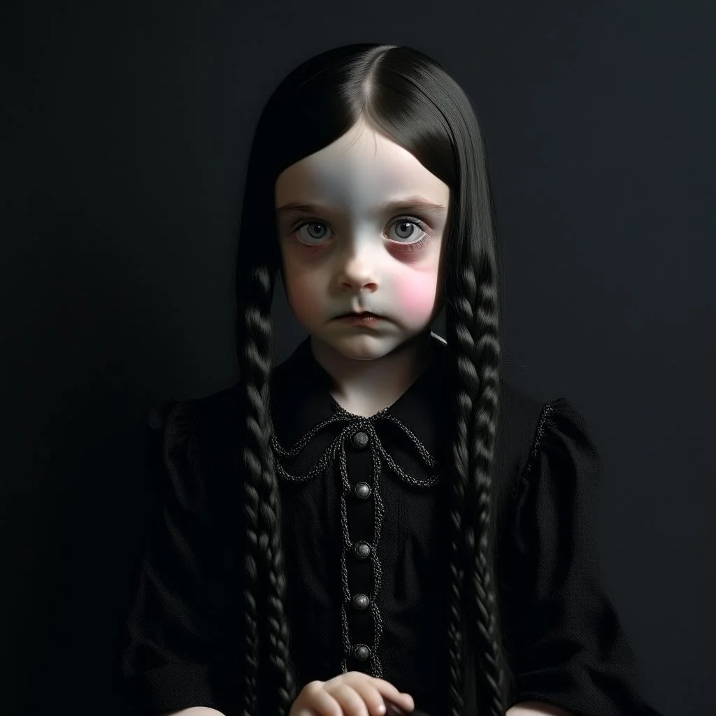 wednesday addams as a child, braids, a frange, black fur, polaroid, 1970s, empty black room, no emotion on her cold face