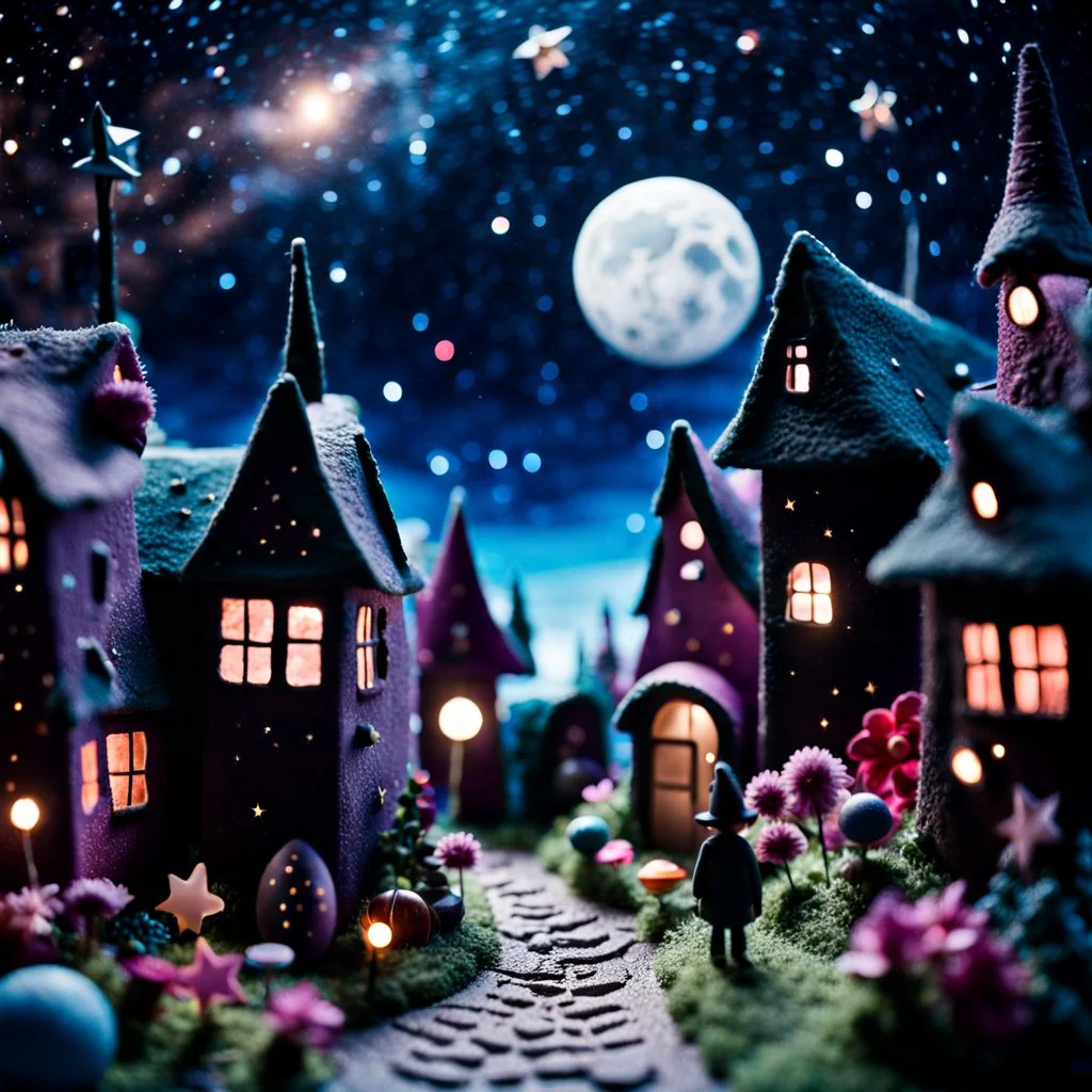 Detailed people, street made of modeling clay and felt, village, stars, galaxy and planets, moon, volumetric light flowers, naïve, Tim Burton, strong texture, extreme detail, Yves Tanguy, decal, rich moody colors, sparkles, Harry Potter, bokeh, odd, shot on Ilford