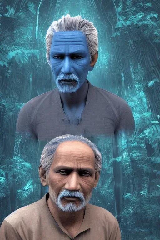 3D render of a cyberpunk indian old man, gray hair and goatee, on a dark blue jungle background, digital art