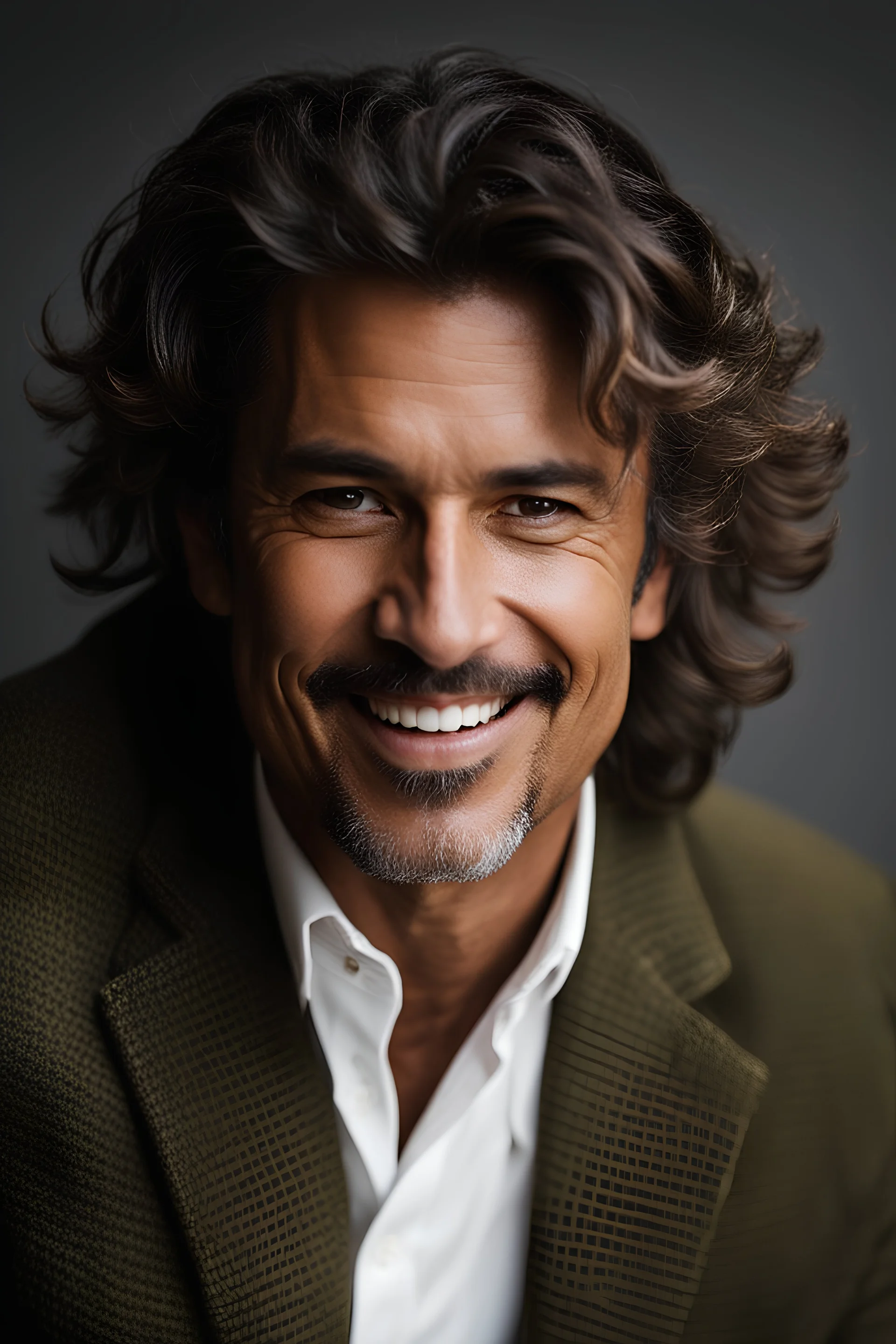 Portrait of a 50 year old Olive skinned handsome male with dark salt and pepper hair and a goatee beard, smiling