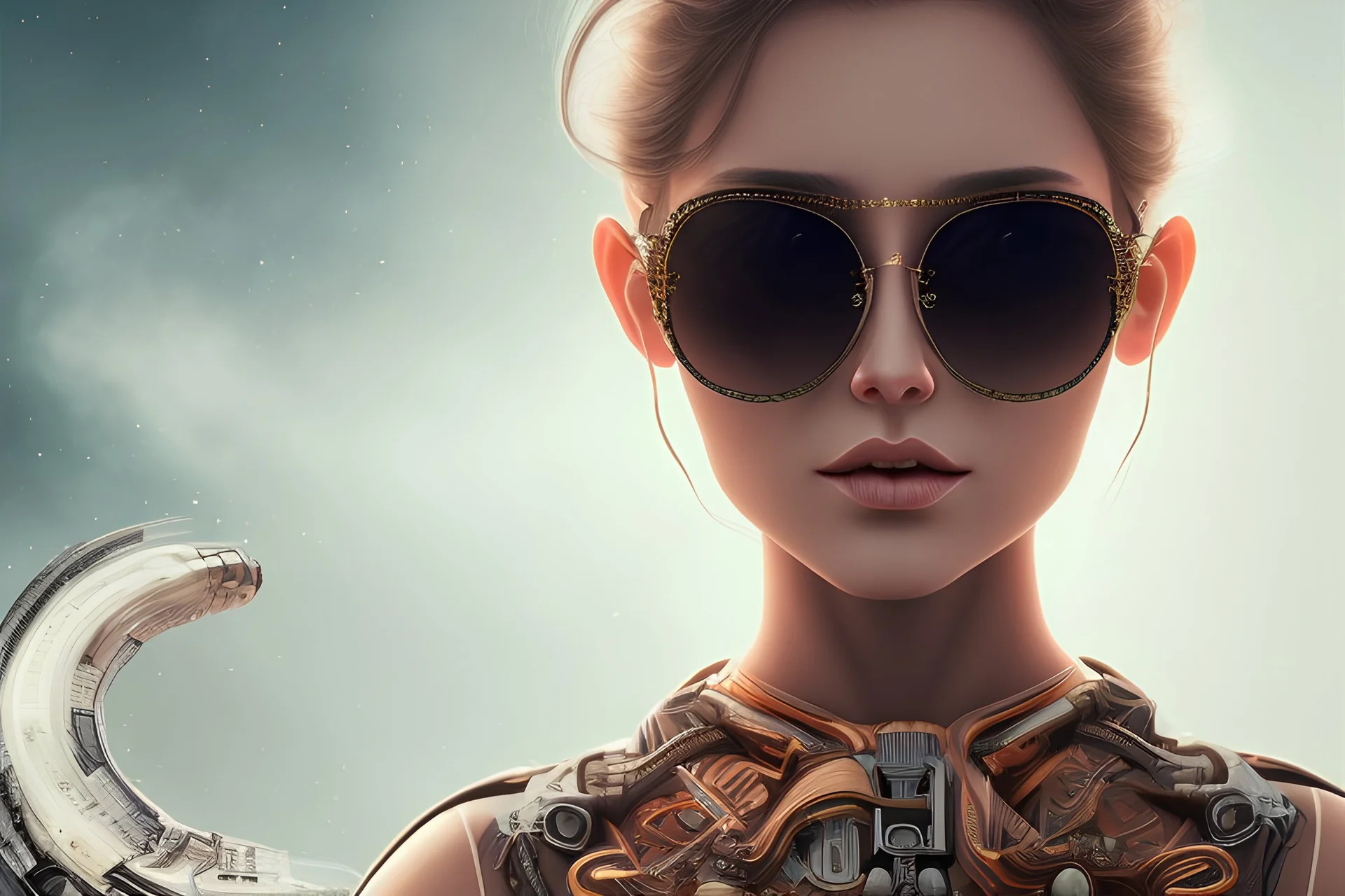 Portrait of cosmic woman, beautiful, brown hair, wearing sunglasses, sci-fi outfit, perfect composition, super detailed, 8k, high quality, intricate details, highly detailed