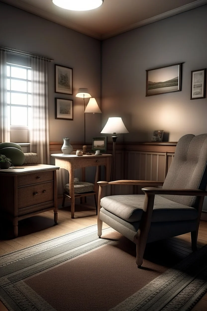 Photorealistic old woman's living room. Tidy and sparsely furnished with a well-loved recliner, sidetable and older tv