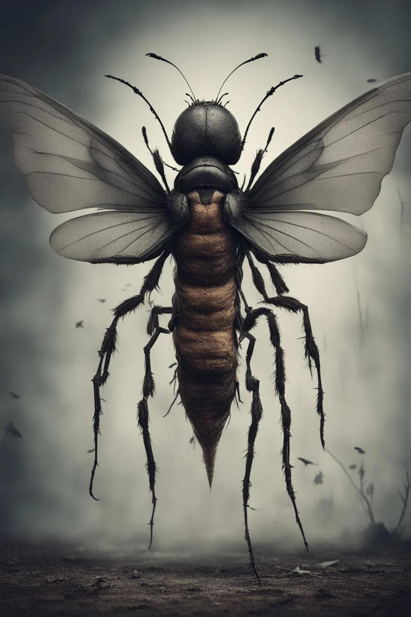 a haunting image of a humanlike insect facing away from us, in despair, with wings that are broken torn and crumbling