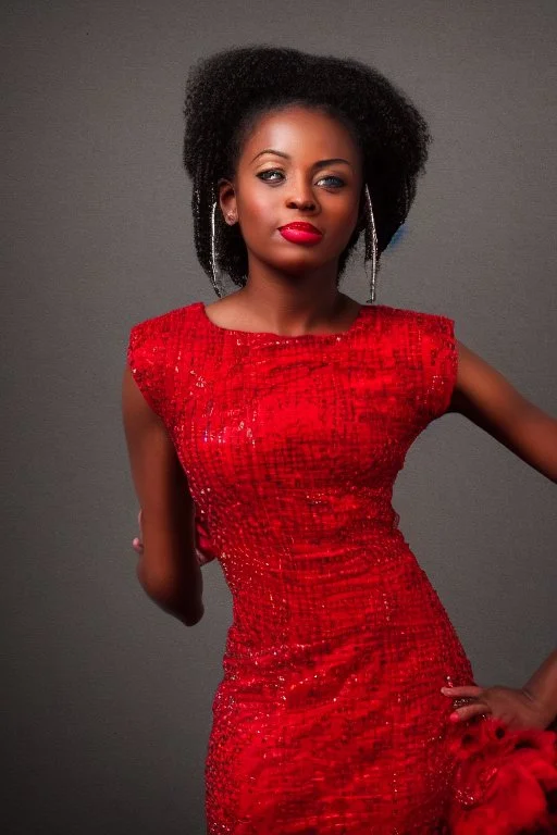 Portrait of a black woman wearing stylish red and silver dress.