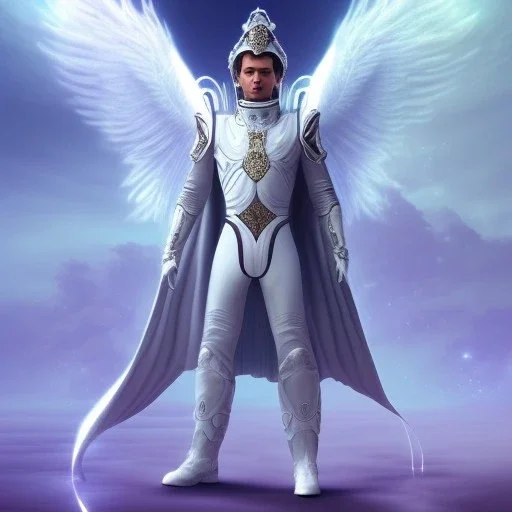 First image is of the main character's full body. He’s to look like a powerful angel with white robe, symbols on hands glowing, His background should be that of space above with stars and standing on a paradise of a planet. His belt can transform into a white dragon.