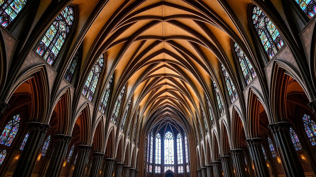 A majestic cathedral with towering hyperbolic arches defining the structure. The roof and walls curve inward and outward in perfect harmony, creating a fluid, wave-like design. The arches are lined with intricate stained glass windows that cast colorful light through the building, adding a sense of ethereal beauty. Award-winning photograph.