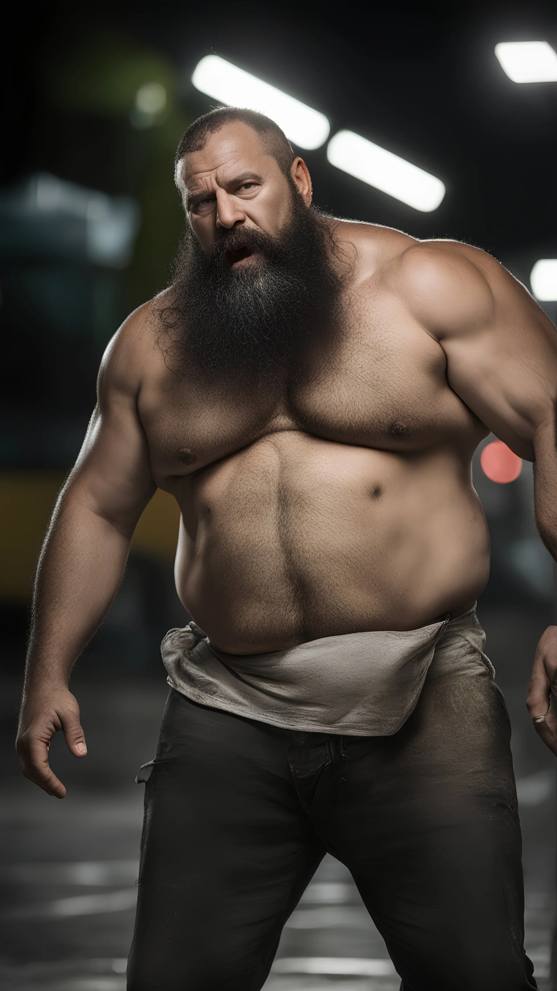 strong burly chubby turkish mechanic 44 years old, curly hair, wet, short white beard, manly chest, hairy, shirtless in bulging dirty white boxer and tank top, big shoulders, tattoo, big calves, barefeet, angry, photorealistic, side light, inside a dark parking lot at night, side neon light, photoRealistic, view from the ground