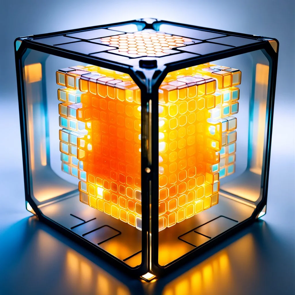 a futuristic translucent neurocube, inside the cube there are partitions made of honeycomb plates