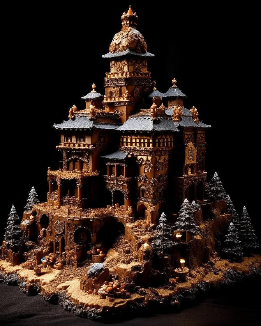 A dark brown Japanese palace on a mountain made out of gingerbread painted by Antoni Gaudi