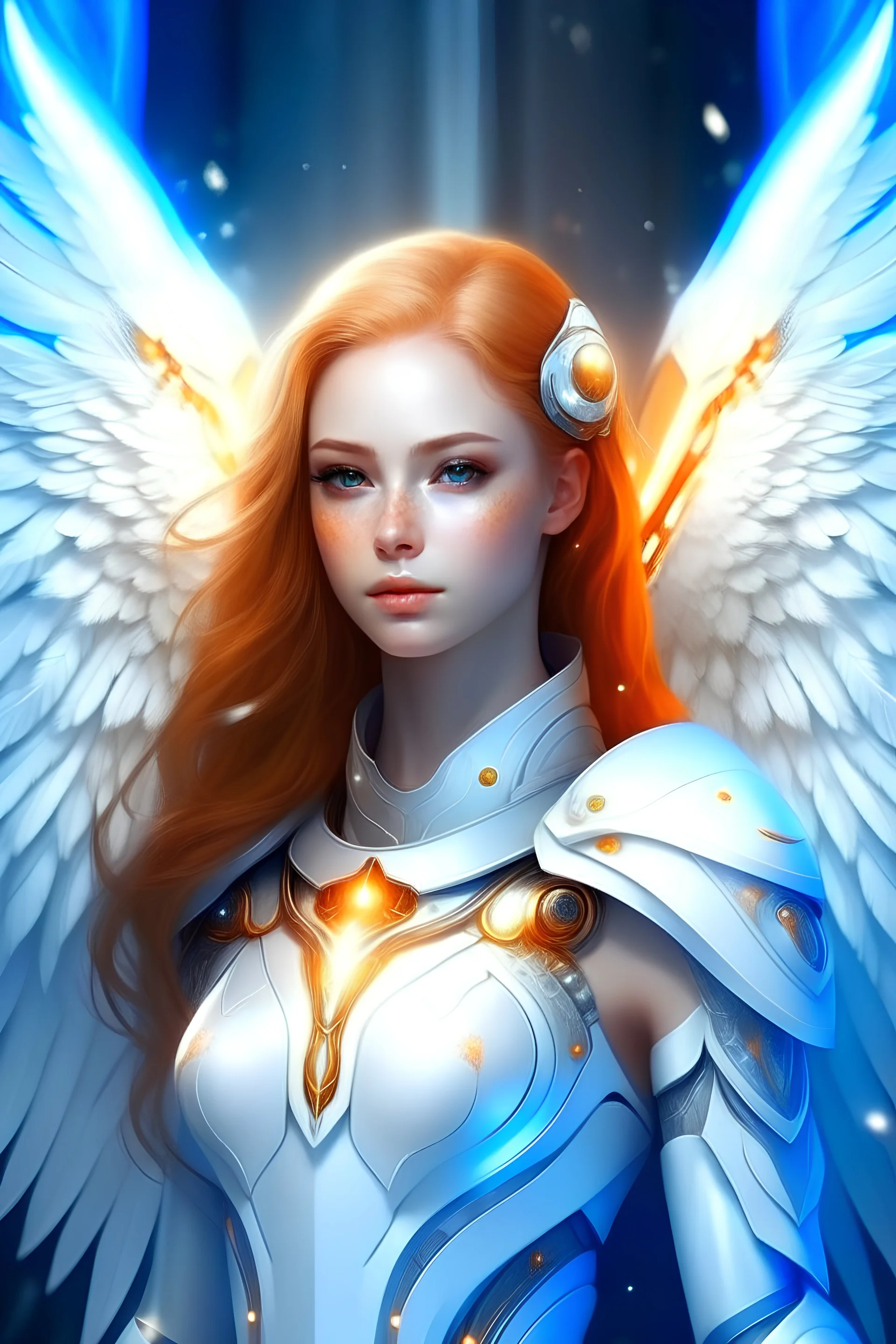 Belle jeune femme archange galactique, commandant chef flotte de vaisseaux blanc très lumineux. Archange porte combinaison blanche lumière, très féminine, divine, grandes ailes, DORÉ et BLANC NRILLANT; JEWELS, COSMOS