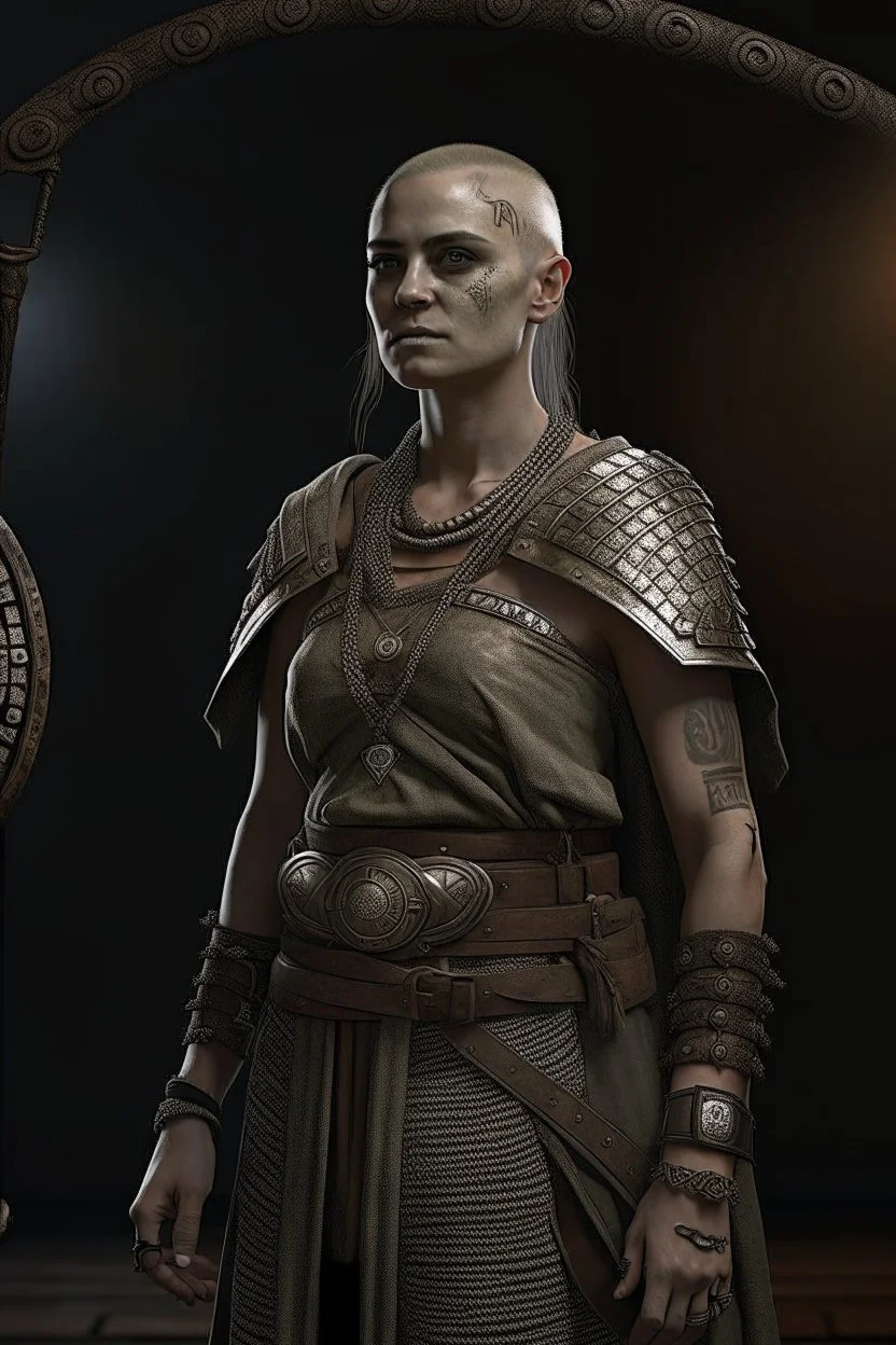 full length, gangly, 22-year old, shaved head, nordic looking grey-eyed female human with a beaded necklace, bare face, scale mail, sickle and shield