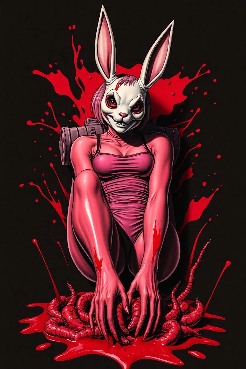 Tank girl, lying pose, rabbit mask, pink short hair, latex suit, highly detailed, fullbody, splashes blood, behind guts rising from the ground, papercut illustration by <John Kenn Mortensen>, darkred tones,