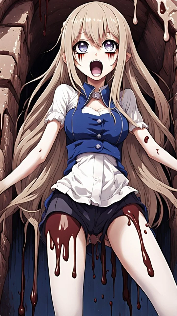 Anime girl with big eyes, darkblue and sepia tones, fullbody, slime, the perspective looking up from the bottom of an empty well, rolling eyes, tongue out, blood drip, open mouth, big thighs, long hair white,