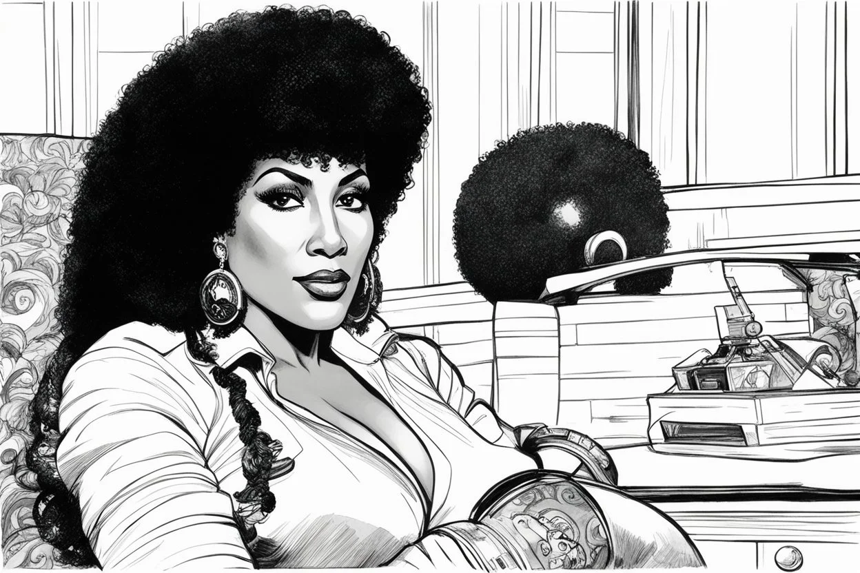 an illustration for the comic "Danger in the bedroom: Pam Grier is Coffy" by Hugo Pratt and Rubén Pellejero