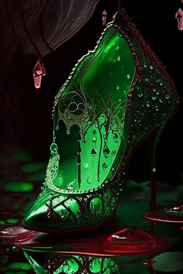 dark fantasy, intricate cover, a whimsical fairytale, translucent shoe made of green glass with drops of crimson blood underneath