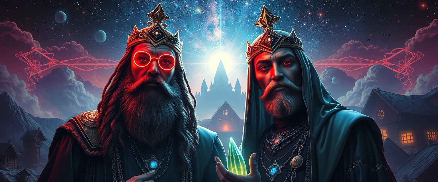 portrait of inter-galatic handsome power broker dynasty family , the first nation, witchcraft, cyberpunk village, sci-fi, strange chrome vessels, volume light from stars through clouds, goa trance poster