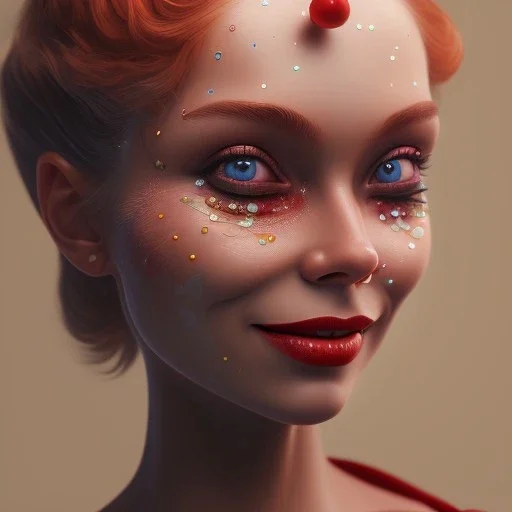 Ultra detailed very beautiful smileing clown girl,beautiful real skin, red nose, symmetrical, ultra detailed curl hair, soft lighting, ultra detailed face, concept art, digital painting, looking into camera, octane render, art by artstation