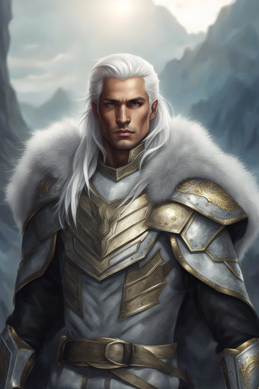 Male Tan Human, White Hair, Handsome Face, Black and Gold Armor.