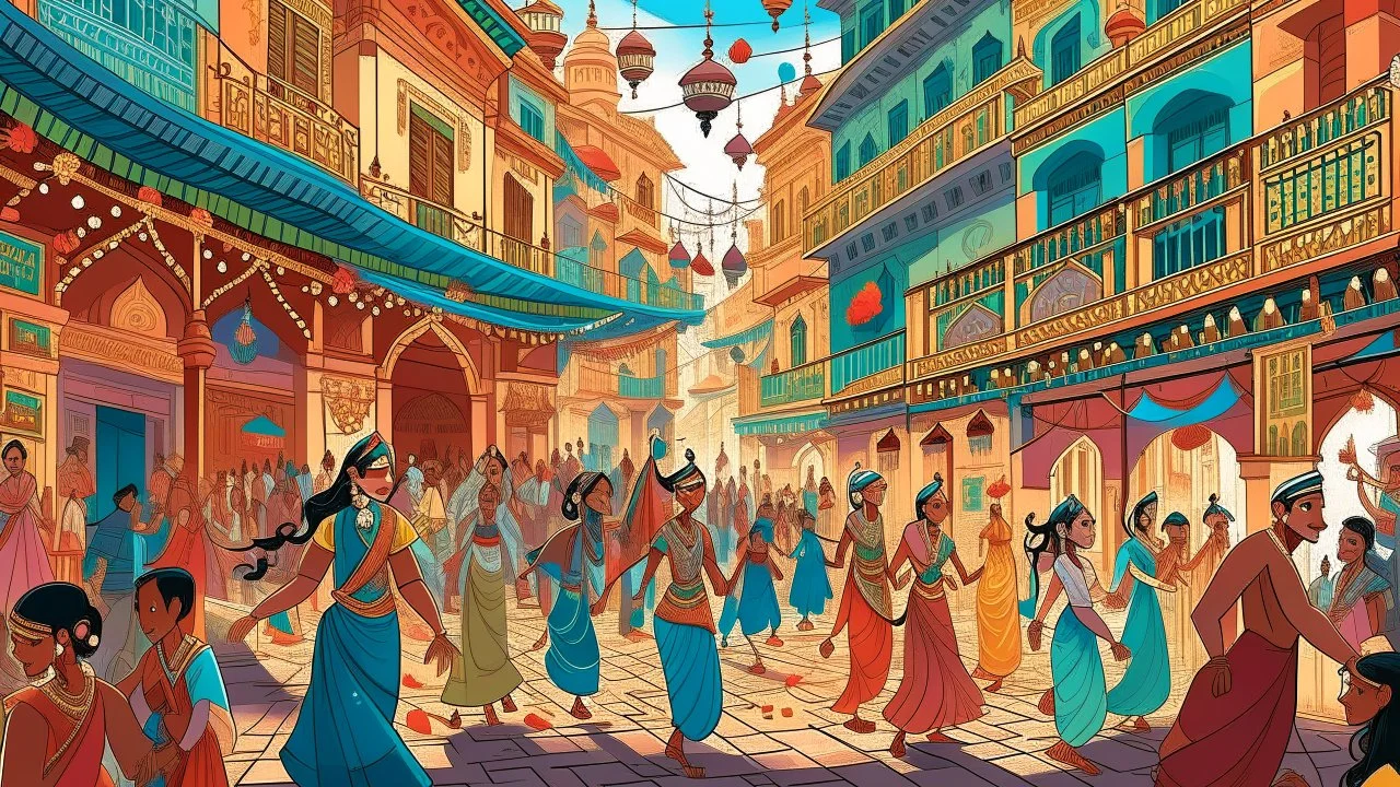 A digital illustration showcasing the chaotic yet captivating energy of an India street during a festival, with dancers in traditional attire and intricate decorations adorning the buildings