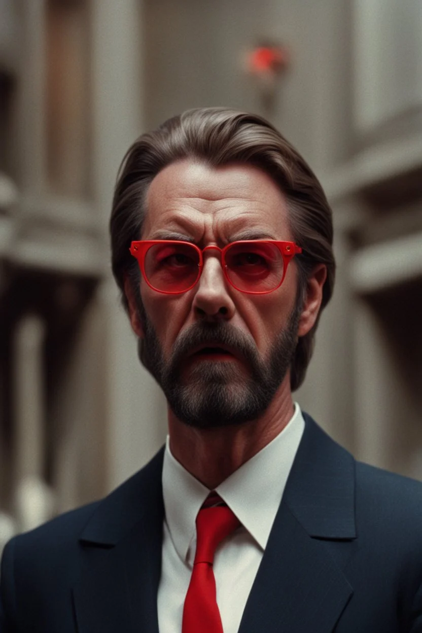 a badass, angry Hans Gruber wearing solid red glasses