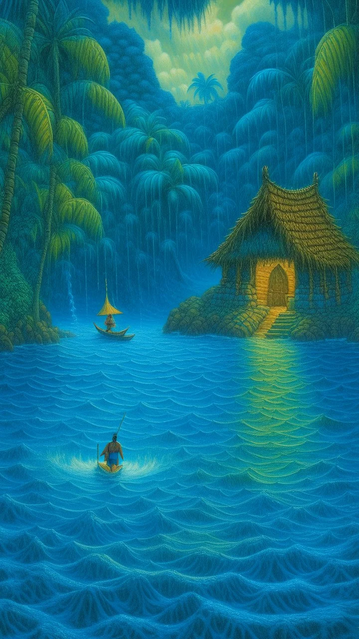 A blue watery cove in a rainstorm designed in Hawaiian tikis painted by Georges Seurat