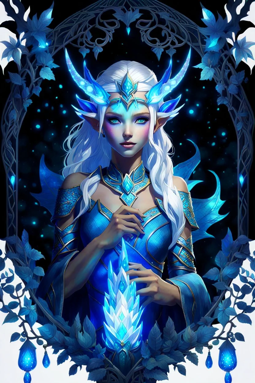 Bioluminescent blue avatars identify dots and patterns on their skin. Pointed elf ears, white hair, glowing blue eyes, slightly shiny blue skin.A beautiful girl with glowing golden eyes. With white decorated hair. And the whole body. And decorated dragon stones. And decorative glass trees realistic