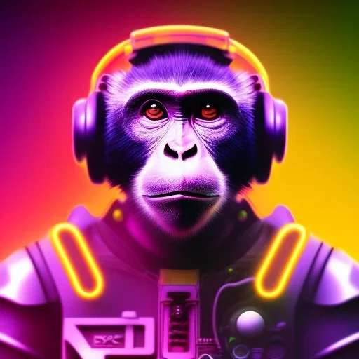 A beautiful portrait of a cyborg monkey purple neon color scheme, high key lighting, volumetric light high details psychedelic background