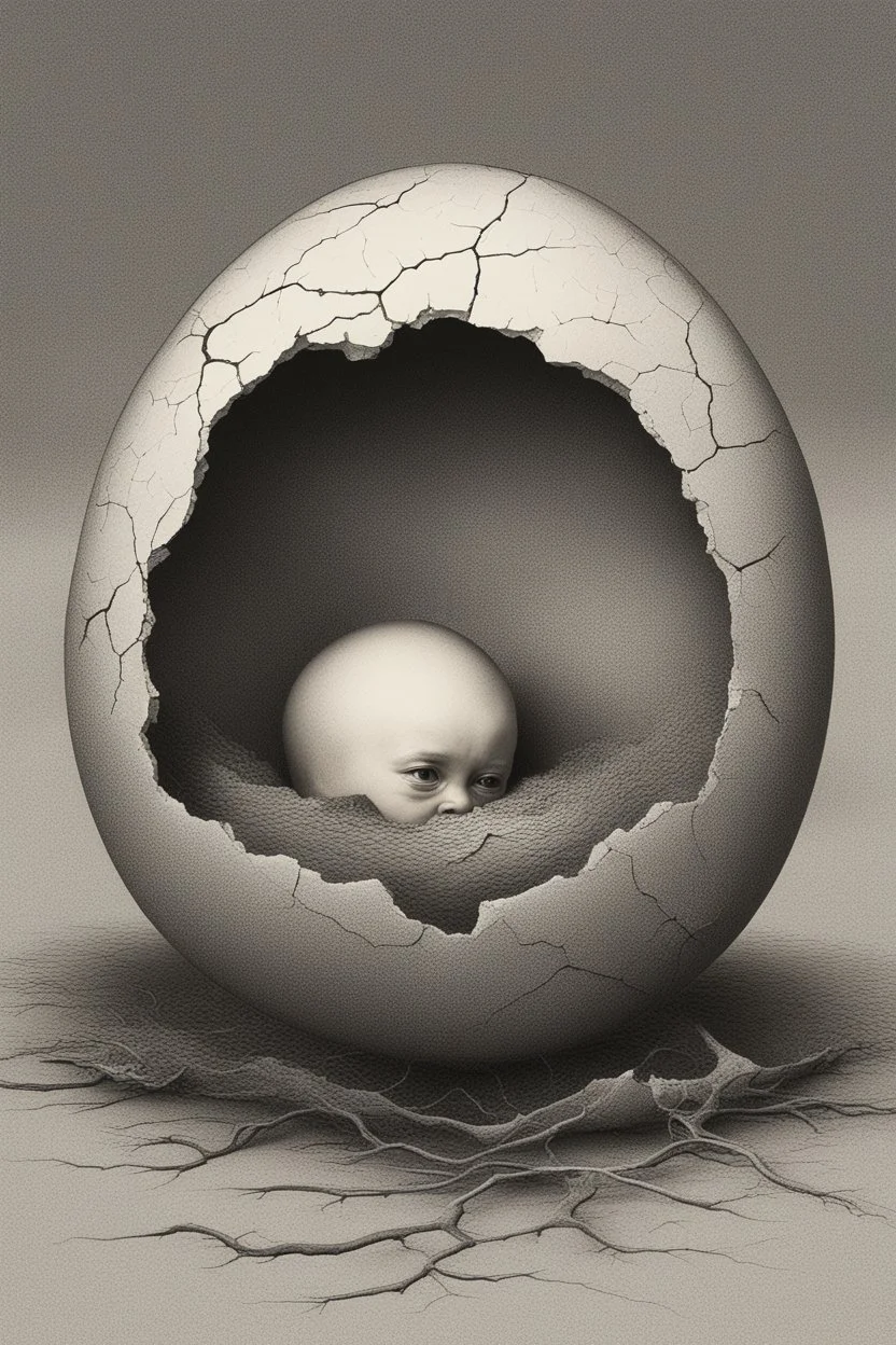 a haunting image of an embryonic human emerging from a cracked egg